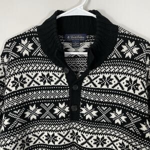 Brooks Brothers Black & White Fair Isle Button Sweater Mens Large Italian Merino